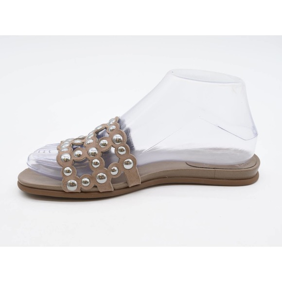 Vince Camuto Sandals Womens 6 Slides Brown Leather Cutout Studded Slip On Flat - Picture 5 of 11